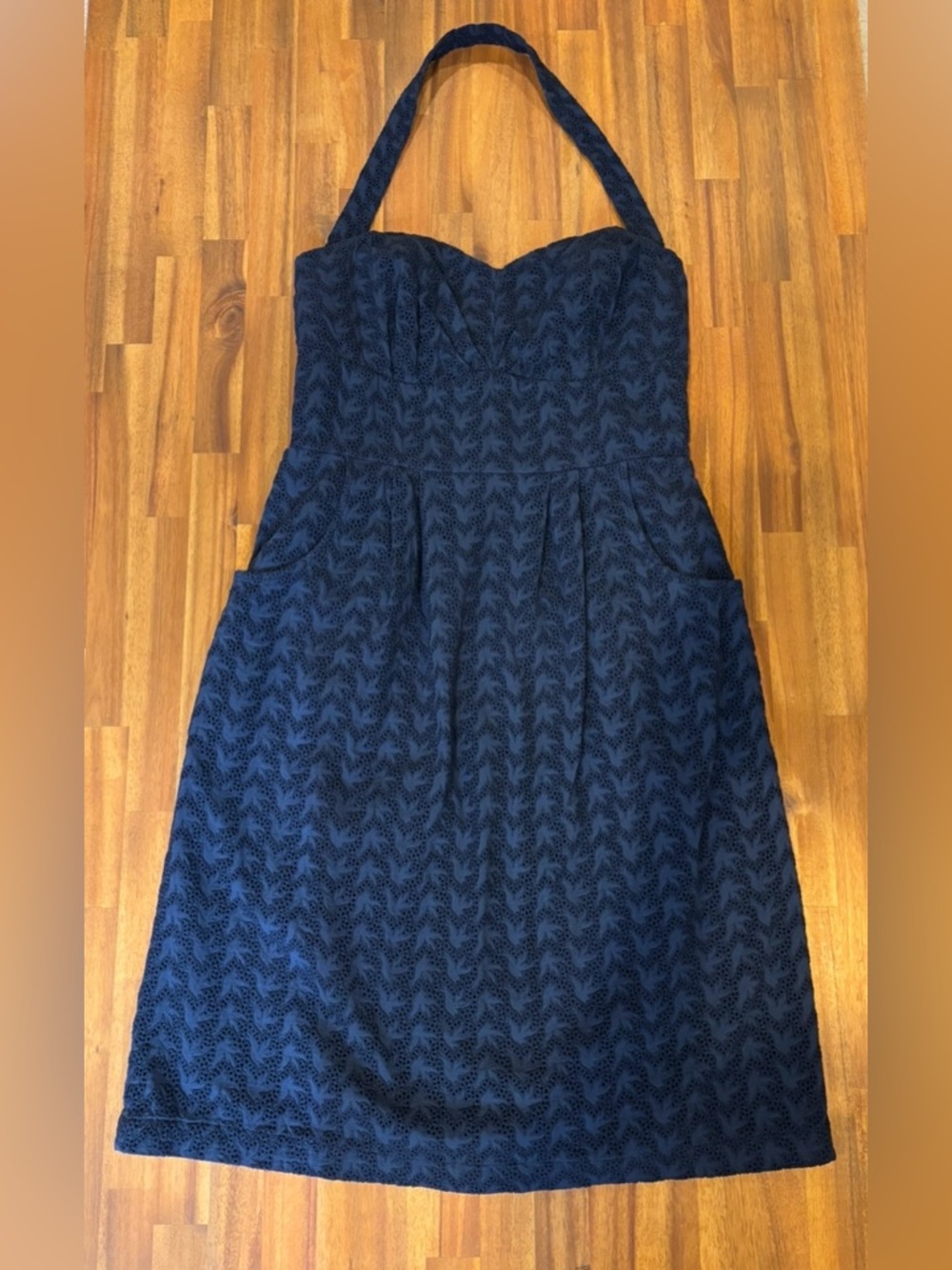 Anthropologie Girls From Savoy Blue Eyelet Halter Dress Retro Sweetheart Size 10